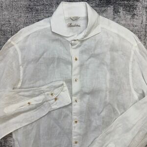 Stenstroms Shirt Mens Medium Fitted Body White Linen Beach Party Quiet Luxury